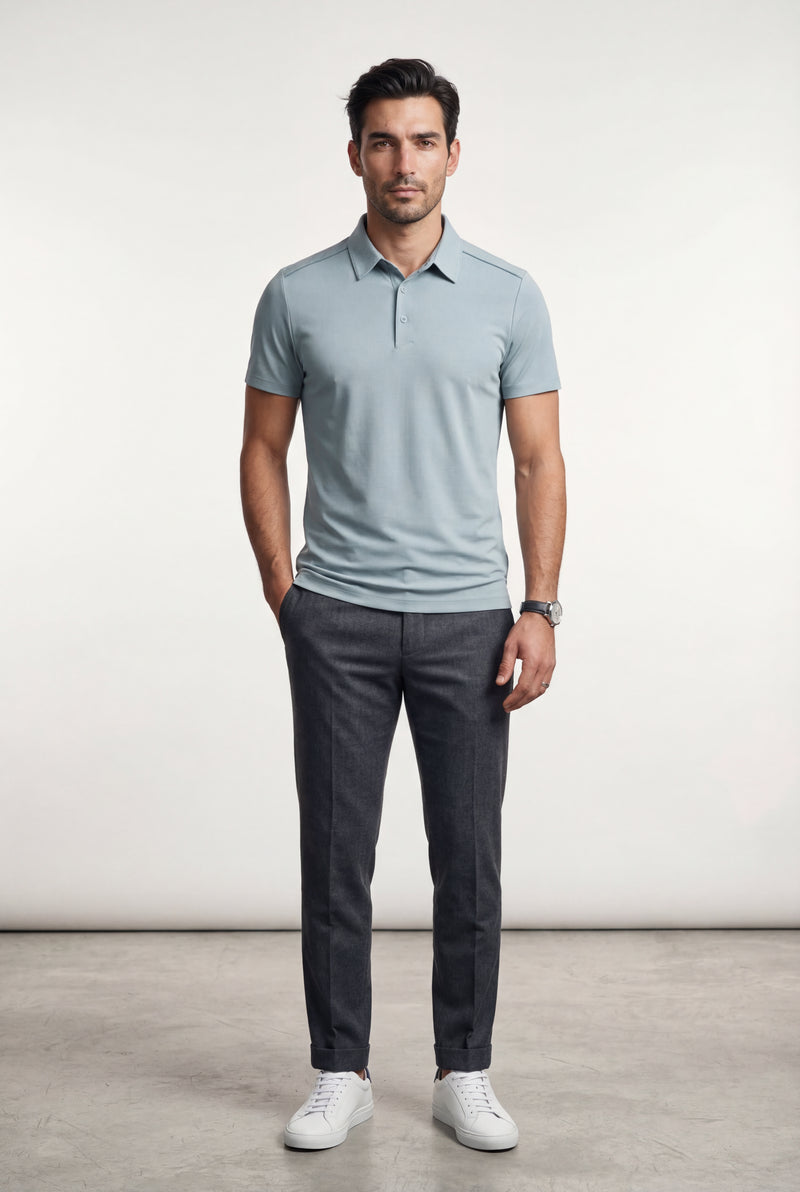 Gray Tailored Short Sleeve Polo Shirt with Flat Collar - Polo shirts - Photo 1