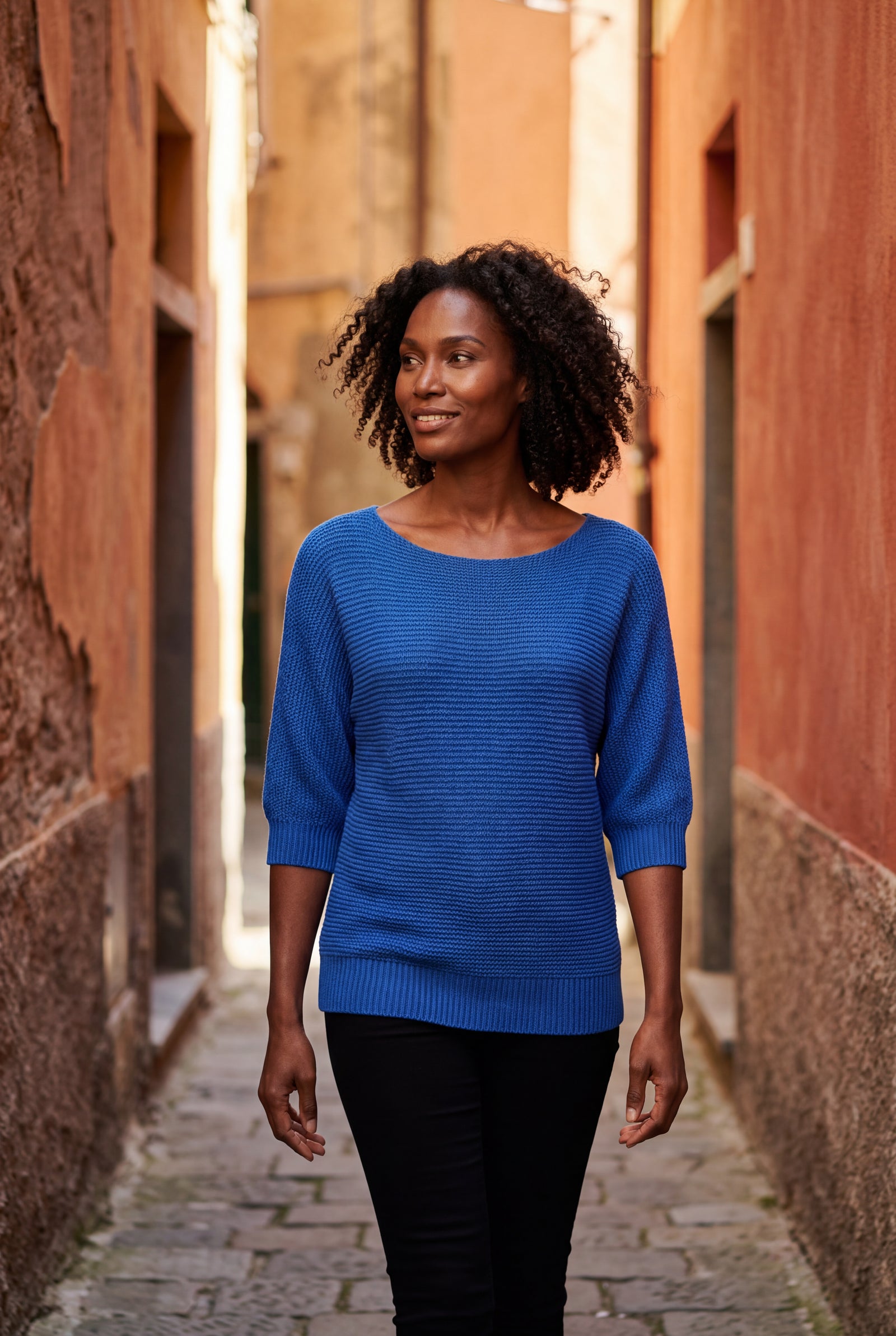 Blue Textured Relaxed Fit 3/4 Sleeve Knitted Sweater - Photo 7