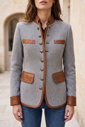 Tweed Jacket with Leather Trim in Gray — studio front