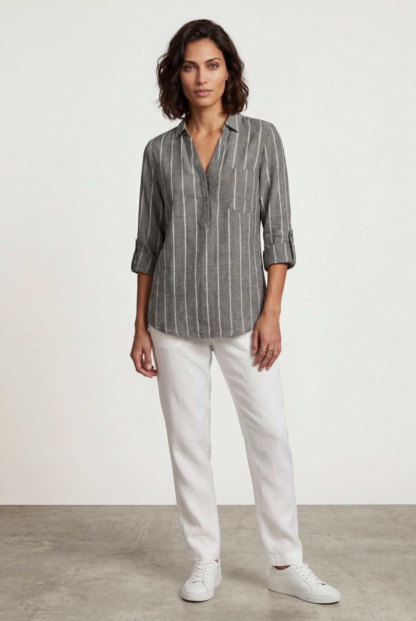 Gray Vertical Stripe Relaxed Button-front Blouse - Blouses - Photo 9