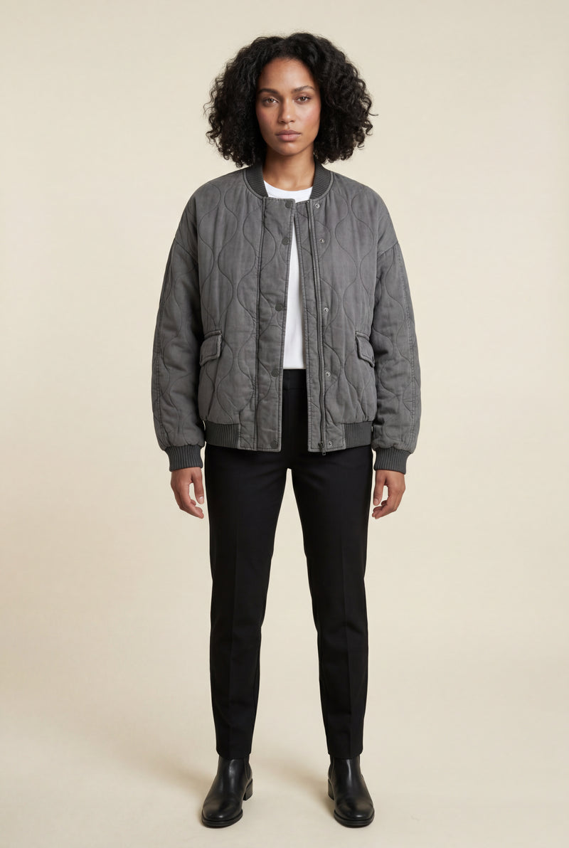 Gray Washed Charcoal Quilted Bomber Jacket with Ribbed Trim - Bomber jackets - Photo 1