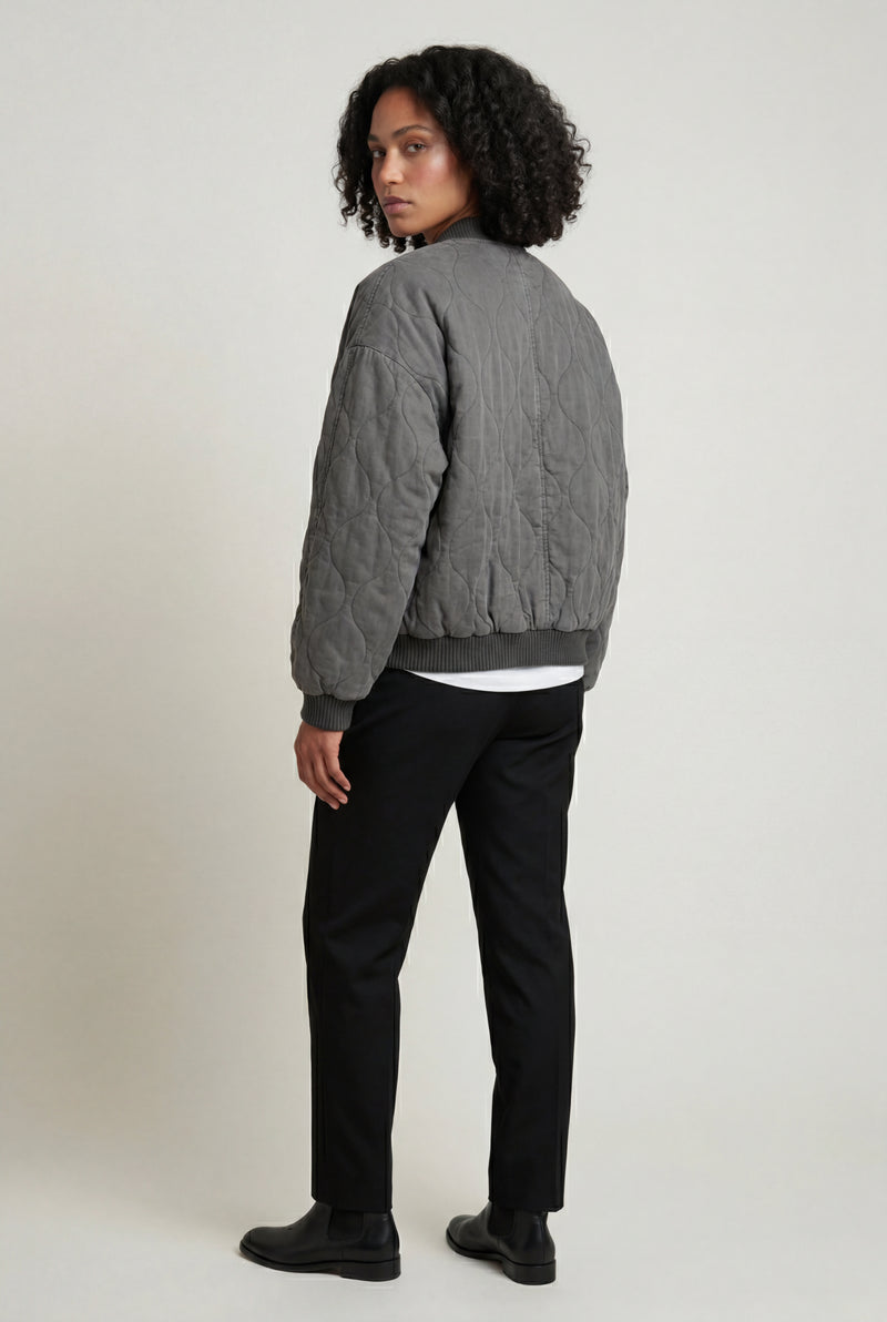 Gray Washed Charcoal Quilted Bomber Jacket with Ribbed Trim - Bomber jackets - Photo 2