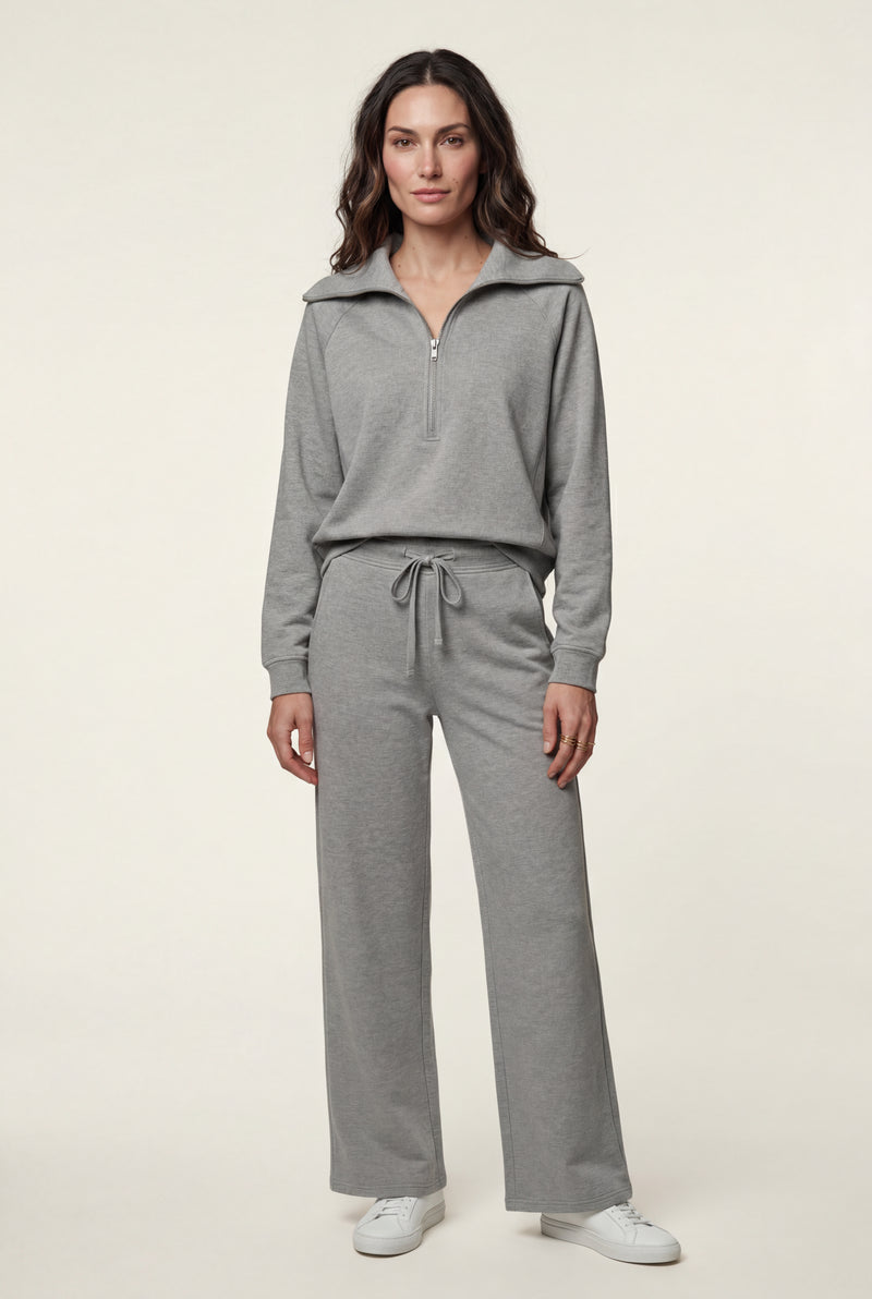 Gray Wide-leg Zip Collar Lounge Set with Relaxed Pullover - Two piece set - Photo 2