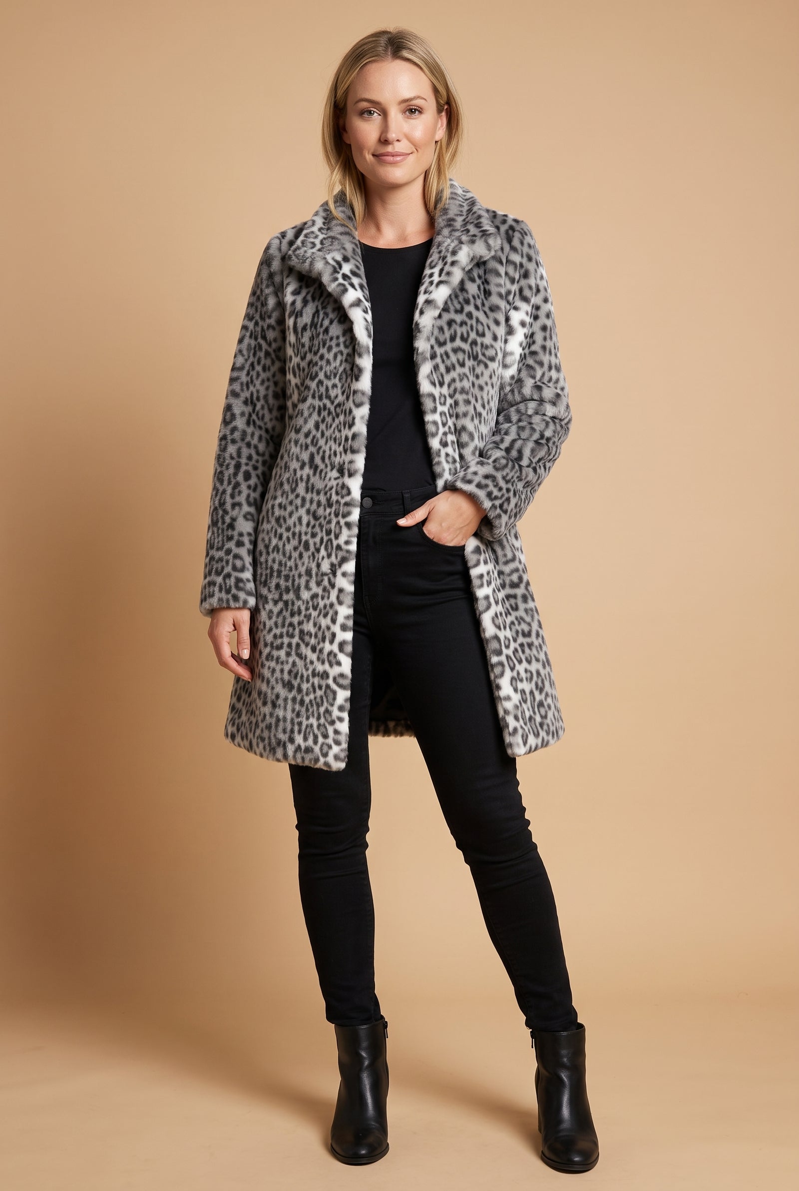 Women's Coat Leopard Print Slim Fit in Gray — studio shot