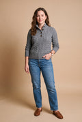 Women's Pullover Cable Knit Stand Collar in Gray — studio shot