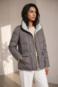 Reversible Quilted Down Jacket in Gray — studio front