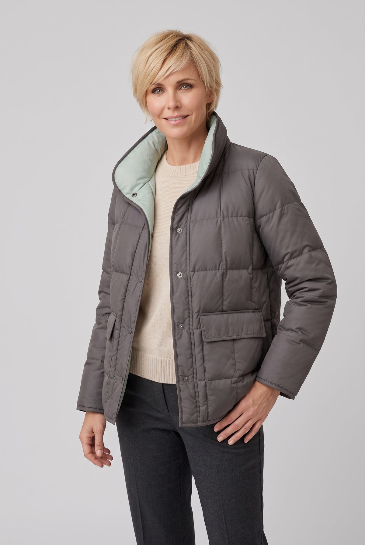 Women's Reversible Quilted Jacket with Stand Collar in Gray — studio front
