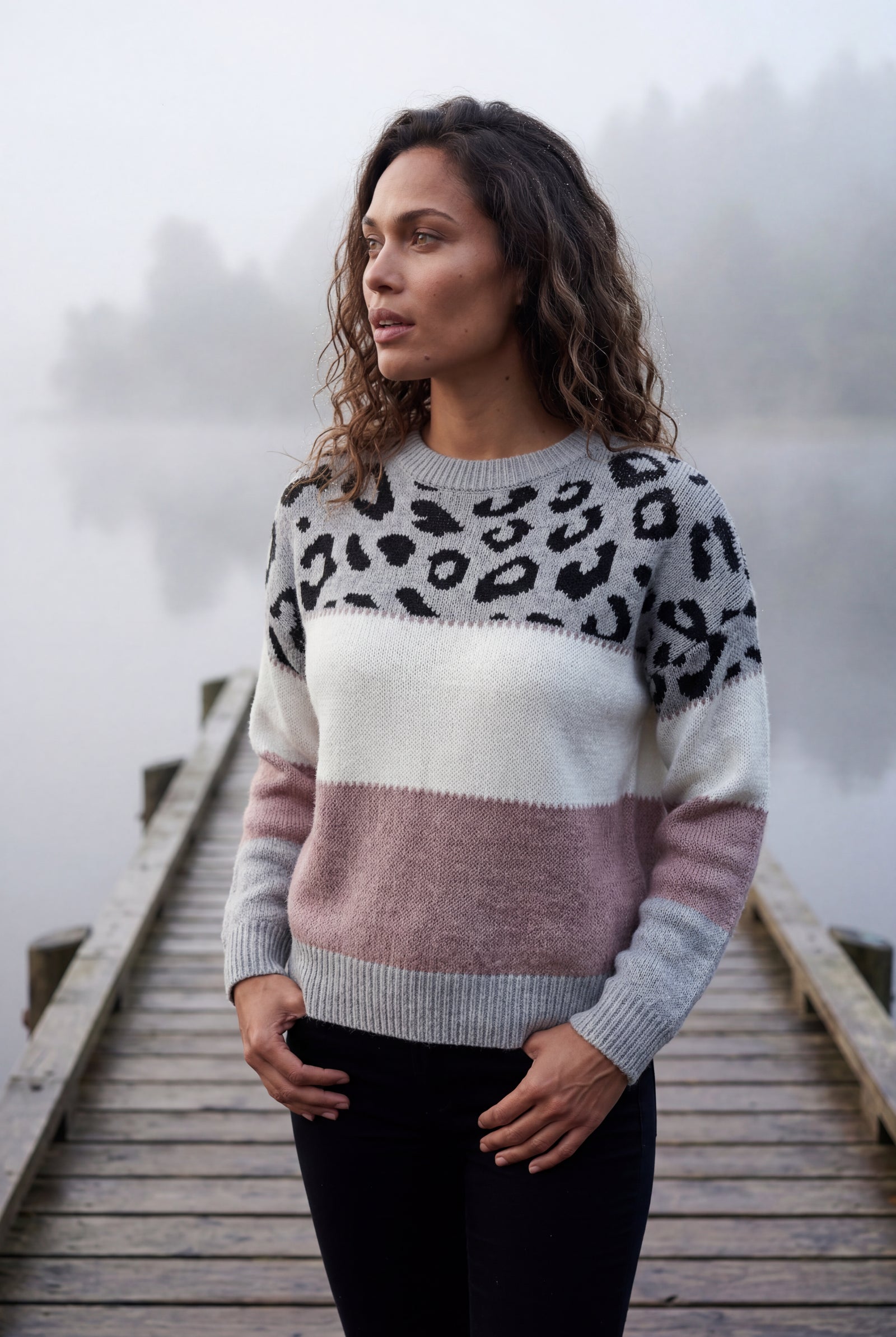 Pink Women's Color-Block Leopard Jacquard Crew Neck Sweater - Knitted sweaters - Photo 3