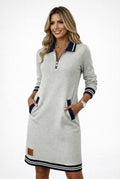 Zip-Front Polo Sweater Dress in Gray — front view