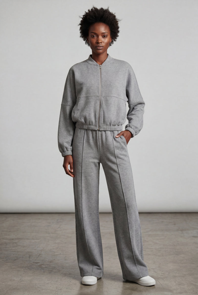 Gray Zip-up Bomber Jacket Wide-leg Tracksuit Set - Photo 3