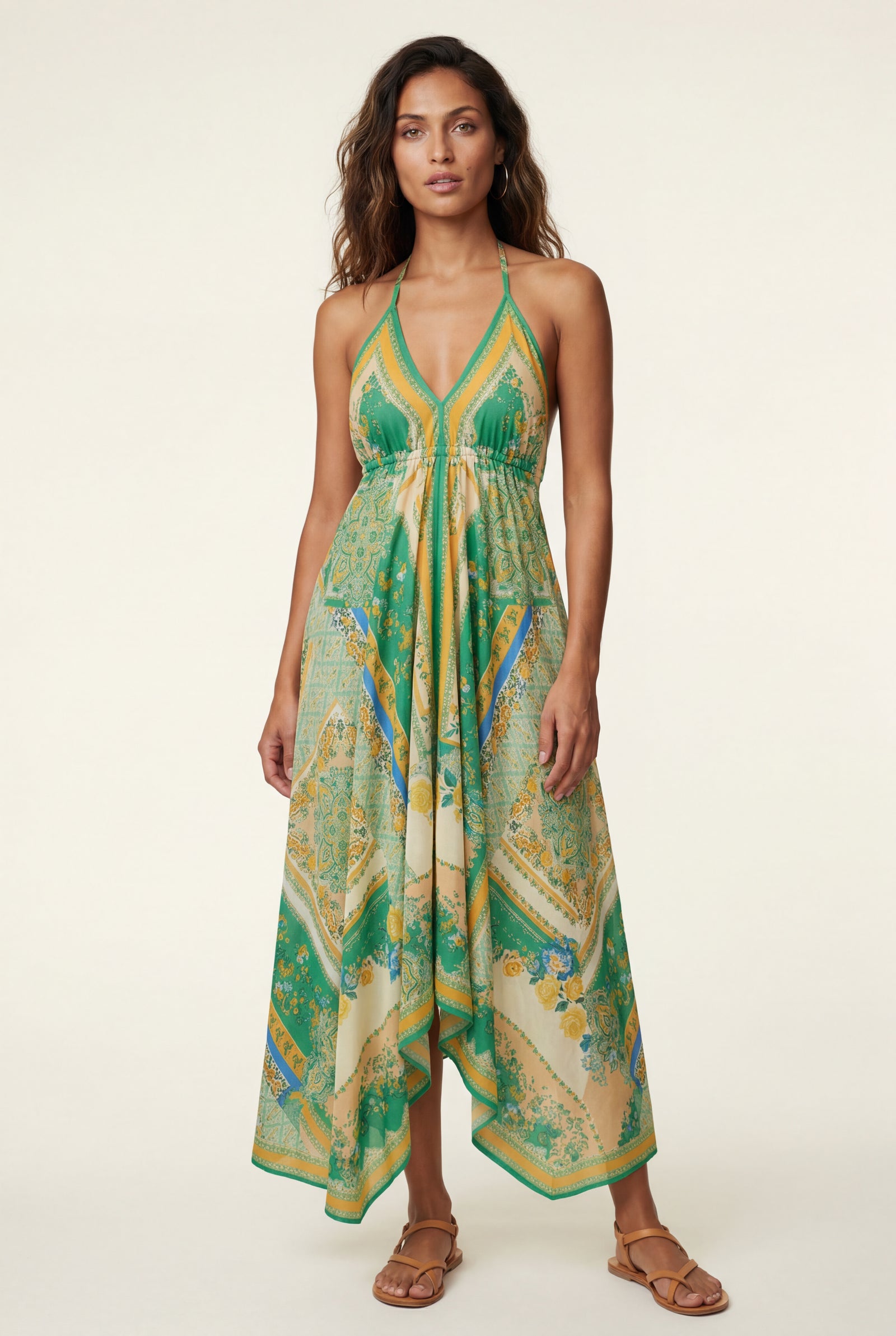 Green Boho Handkerchief Hem Halter Maxi Dress with Open Back - Photo 1