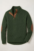 Cable Knit Quarter-Button Sweater in Green — studio front