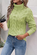 Cable-Knit Turtleneck Sweater in Green — studio front