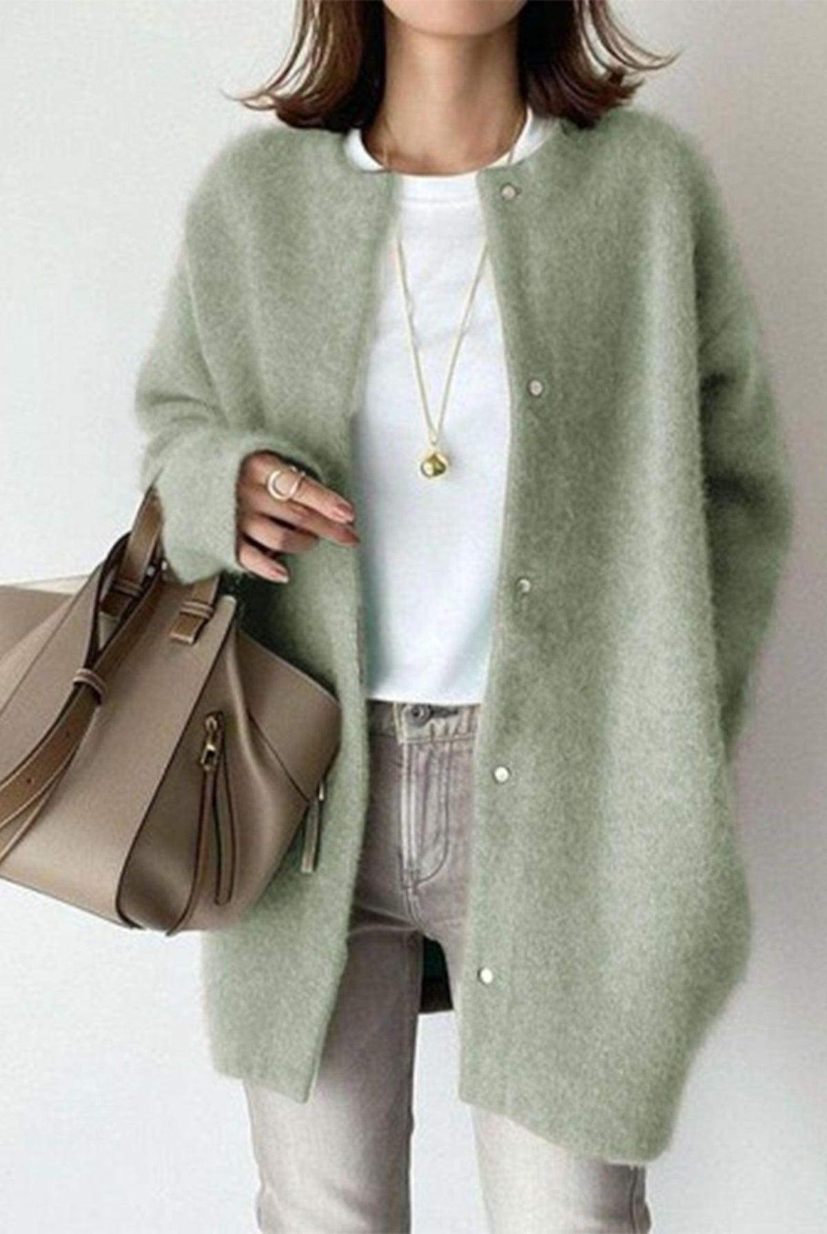 Cashmere Button-Front Cardigan in Green — front view