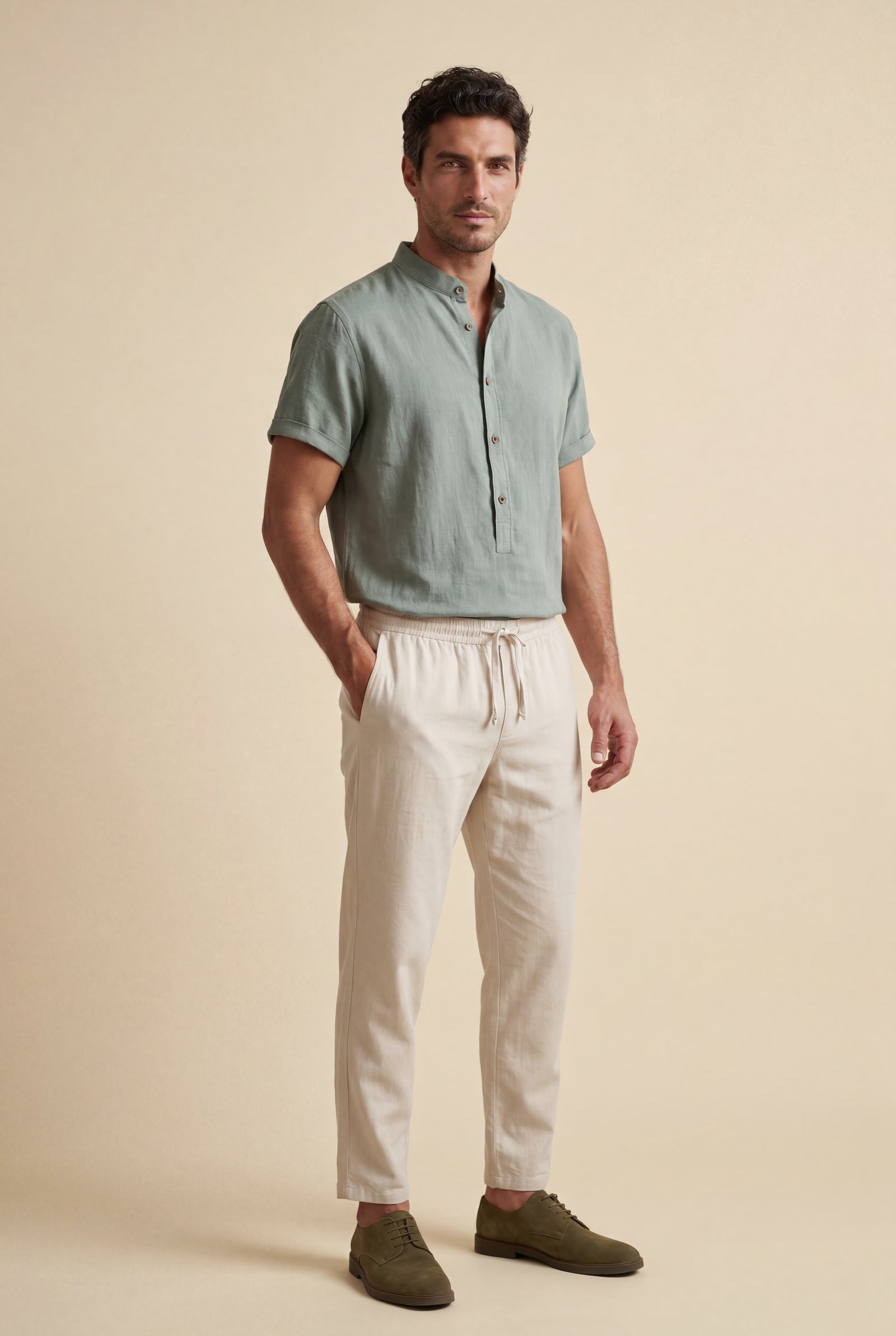 Green Collarless Short Sleeve Shirt and Drawstring Jogger Pants Set - Casual sets - Photo 2