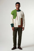 Green Colorblock Patchwork Textured Crewneck Sweater - Photo 1
