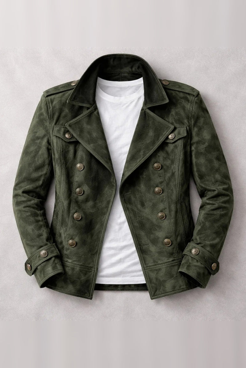 Double-Breasted Suede Pea Coat in Green — front view