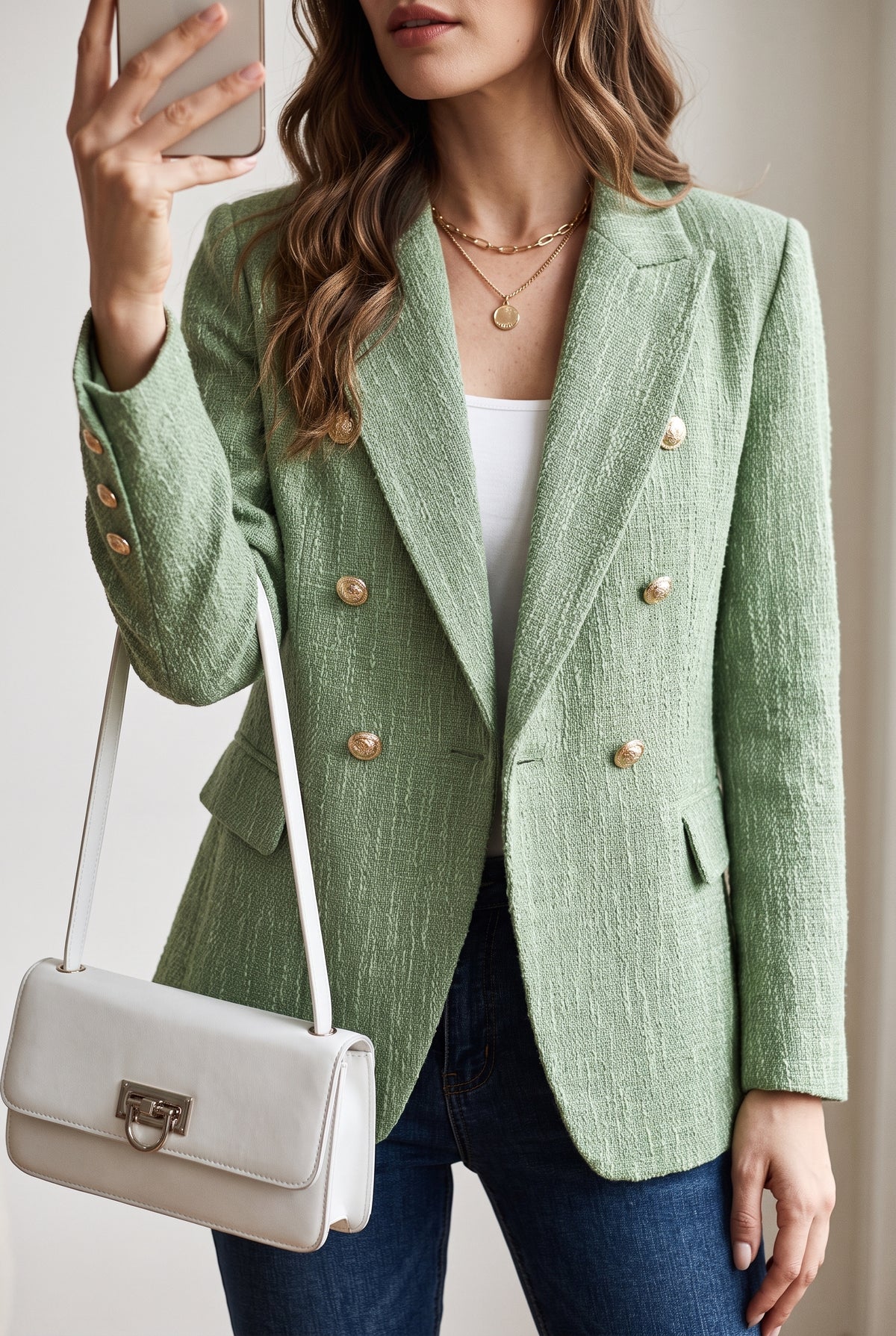 Double-Breasted Tweed Blazer in Green — studio front