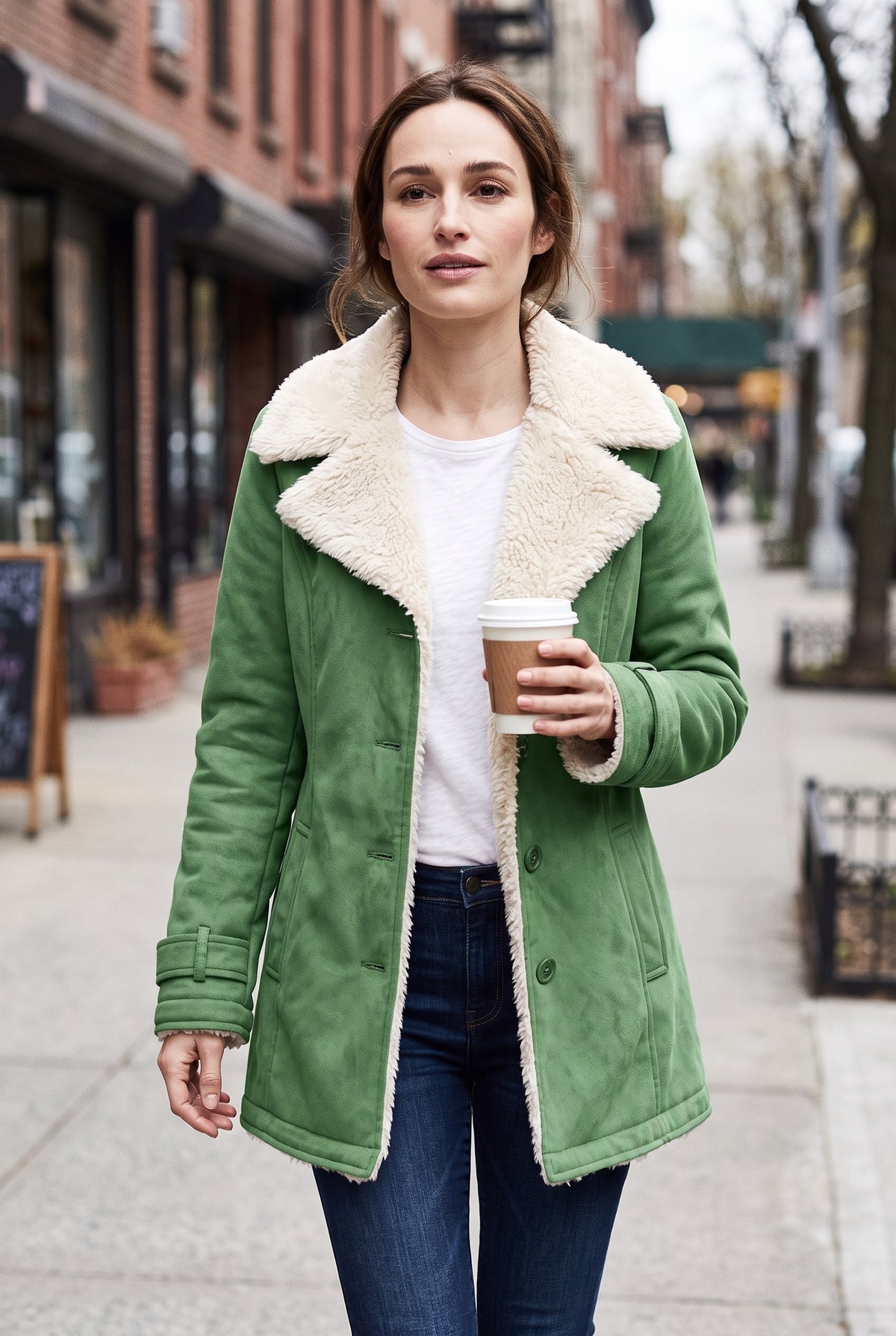 Faux-Shearling Button-Front Coat in Green — lifestyle