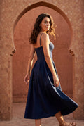 Navy Blue Floral Corset Bodice Midi Dress with Spaghetti Straps - Photo 10