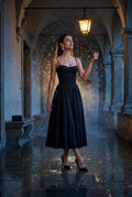 Black Floral Corset Bodice Midi Dress with Spaghetti Straps - Photo 12