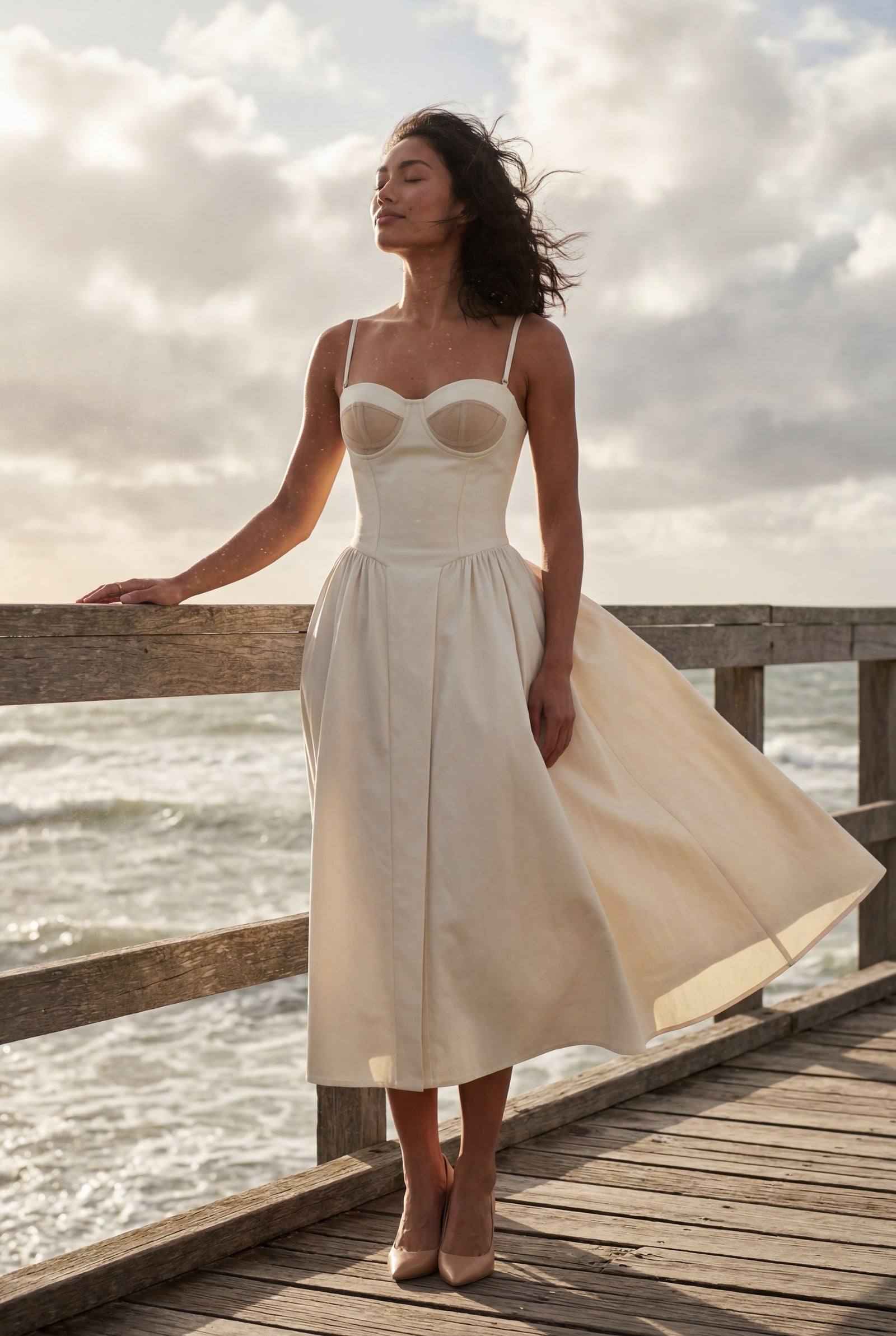 White Floral Corset Bodice Midi Dress with Spaghetti Straps - Photo 13
