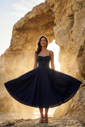Navy Blue Floral Corset Bodice Midi Dress with Spaghetti Straps - Photo 22