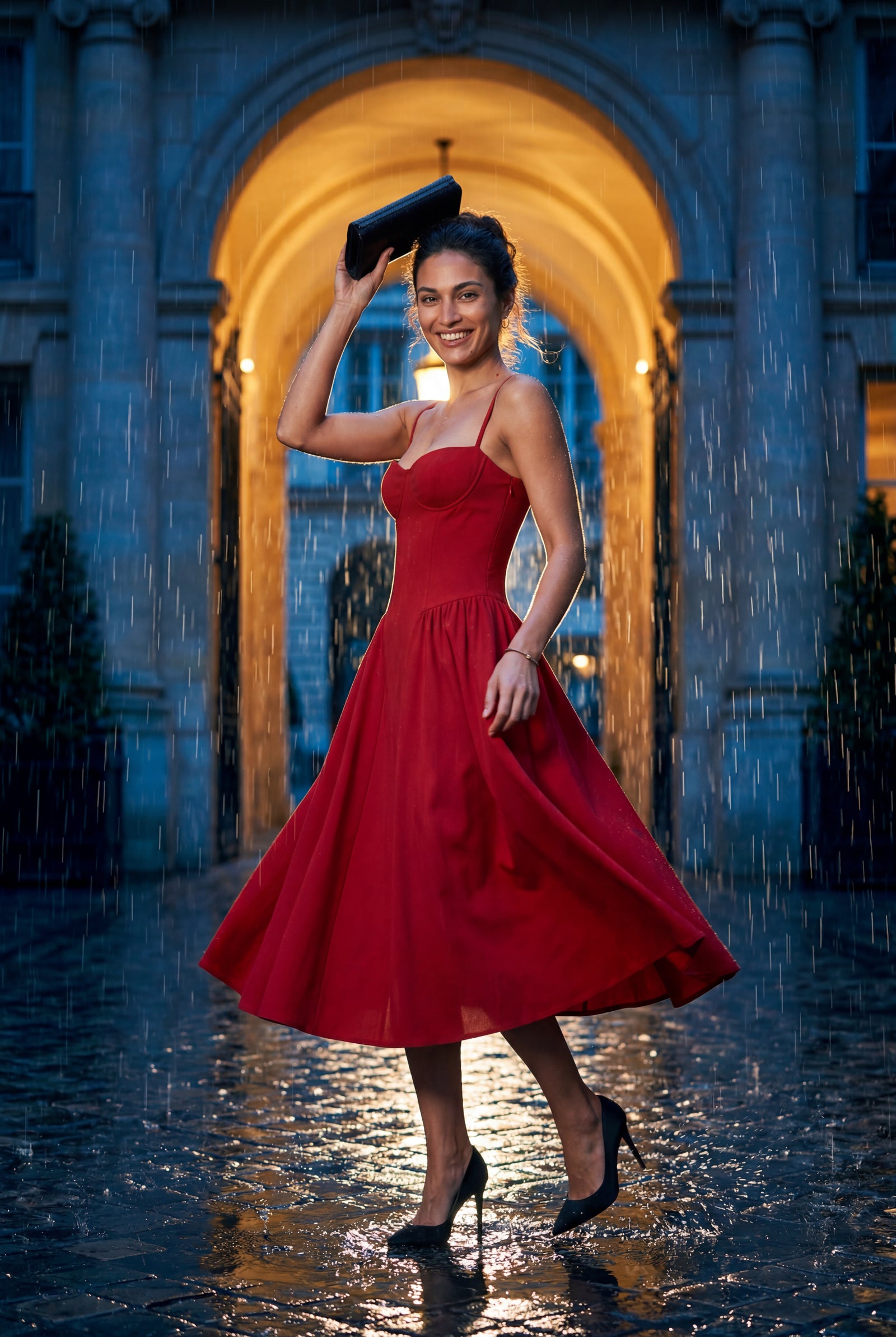 Red Floral Corset Bodice Midi Dress with Spaghetti Straps - Photo 25