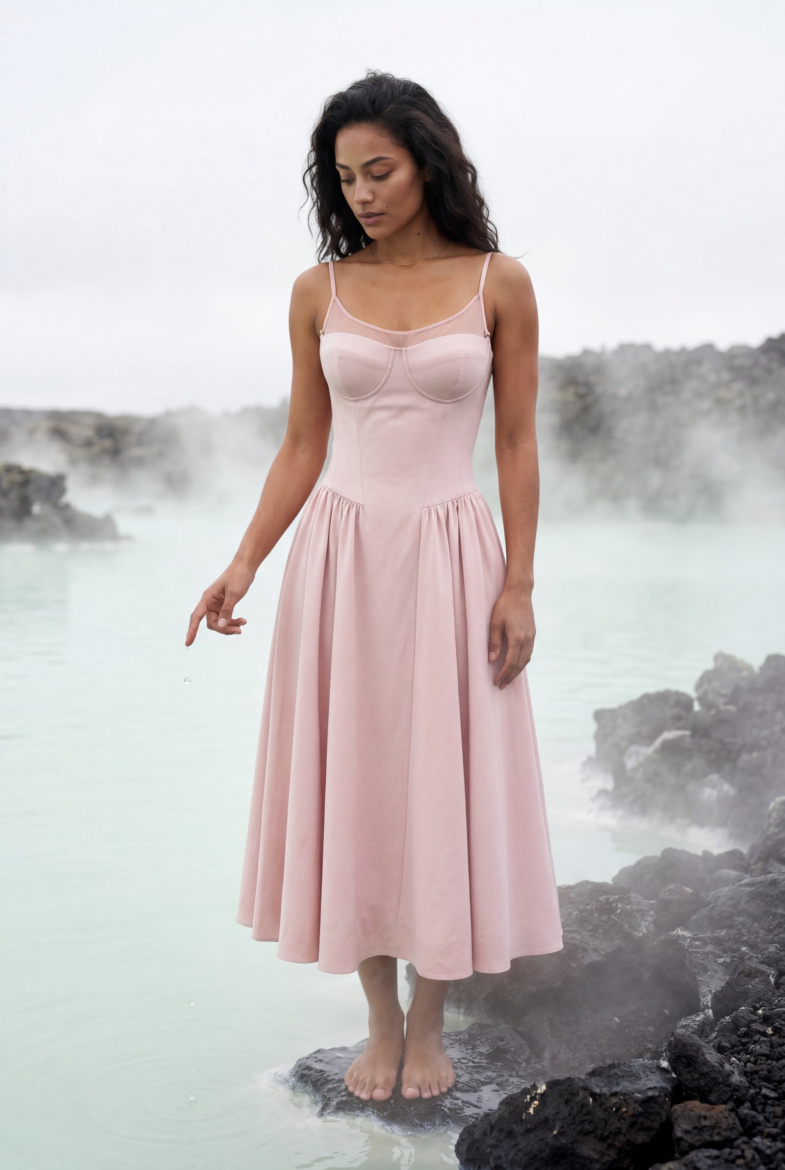 Pink Floral Corset Bodice Midi Dress with Spaghetti Straps - Photo 26