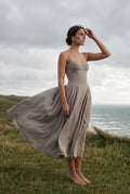 Khaki Floral Corset Bodice Midi Dress with Spaghetti Straps - Photo 27