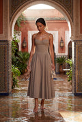 Khaki Floral Corset Bodice Midi Dress with Spaghetti Straps - Photo 28