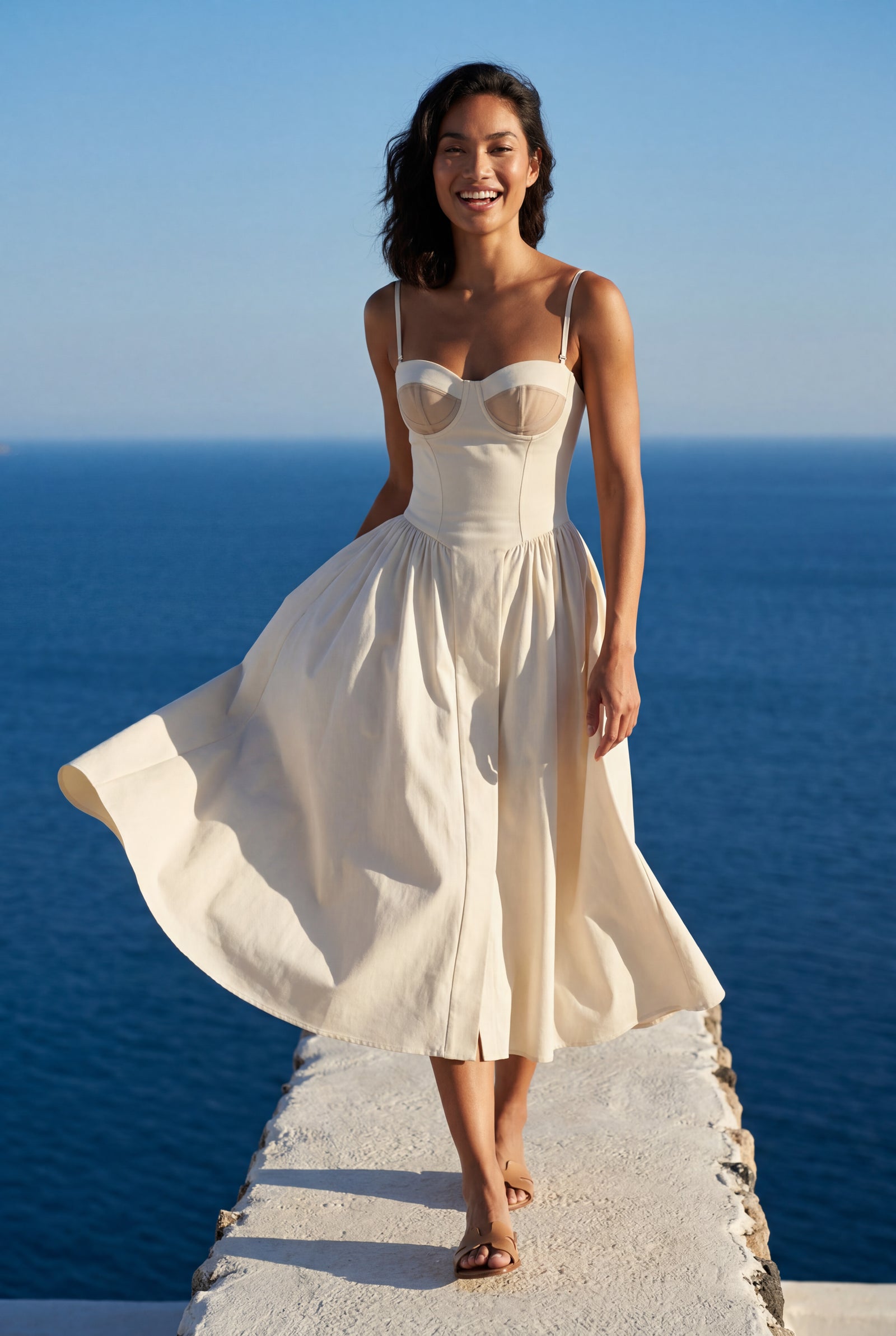 White Floral Corset Bodice Midi Dress with Spaghetti Straps - Photo 8