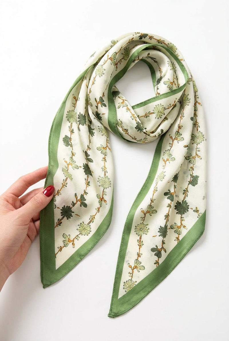 Green Floral Print Square Scarf with Contrast Border - Scarves - Photo 1