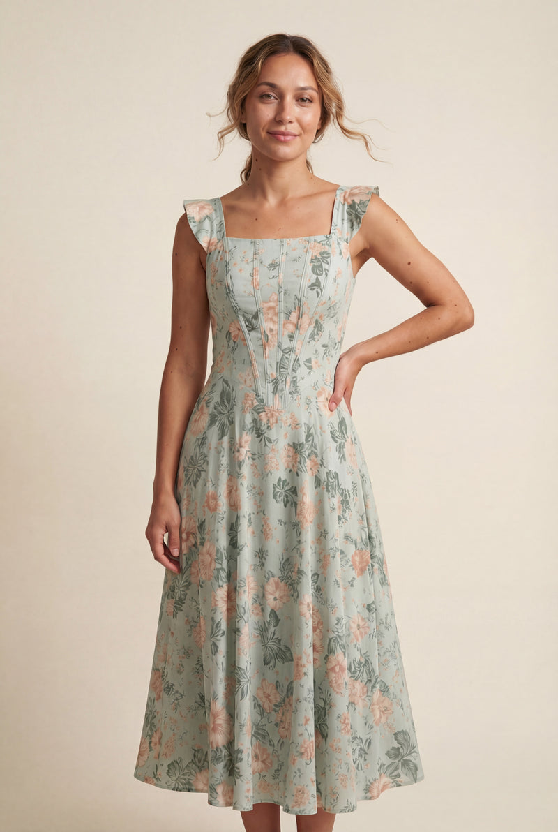 Green Floral Square Neck A-line Midi Dress with Flutter Straps - Wedding dress - Photo 1