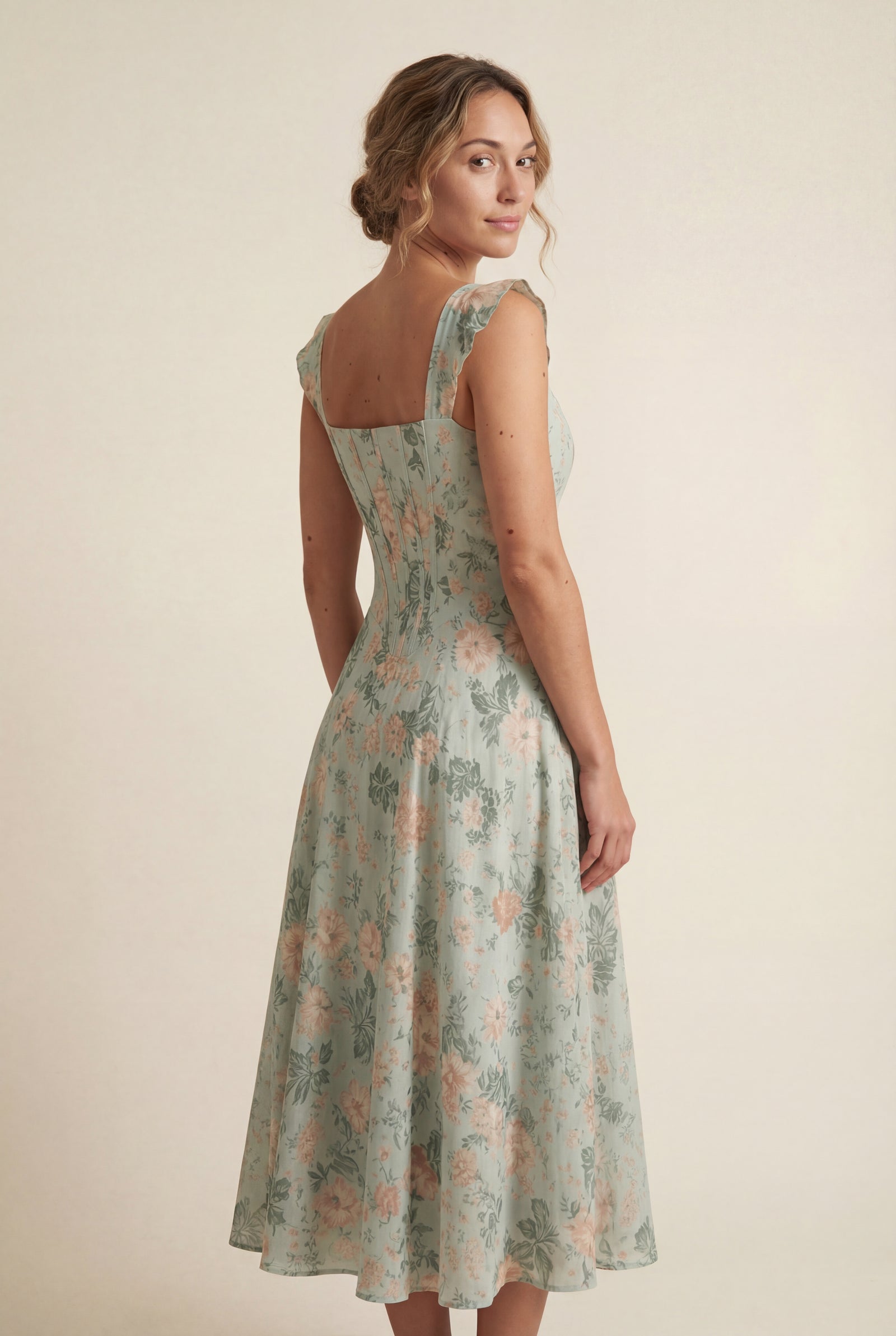 Green Floral Square Neck A-line Midi Dress with Flutter Straps - Wedding dress - Photo 2
