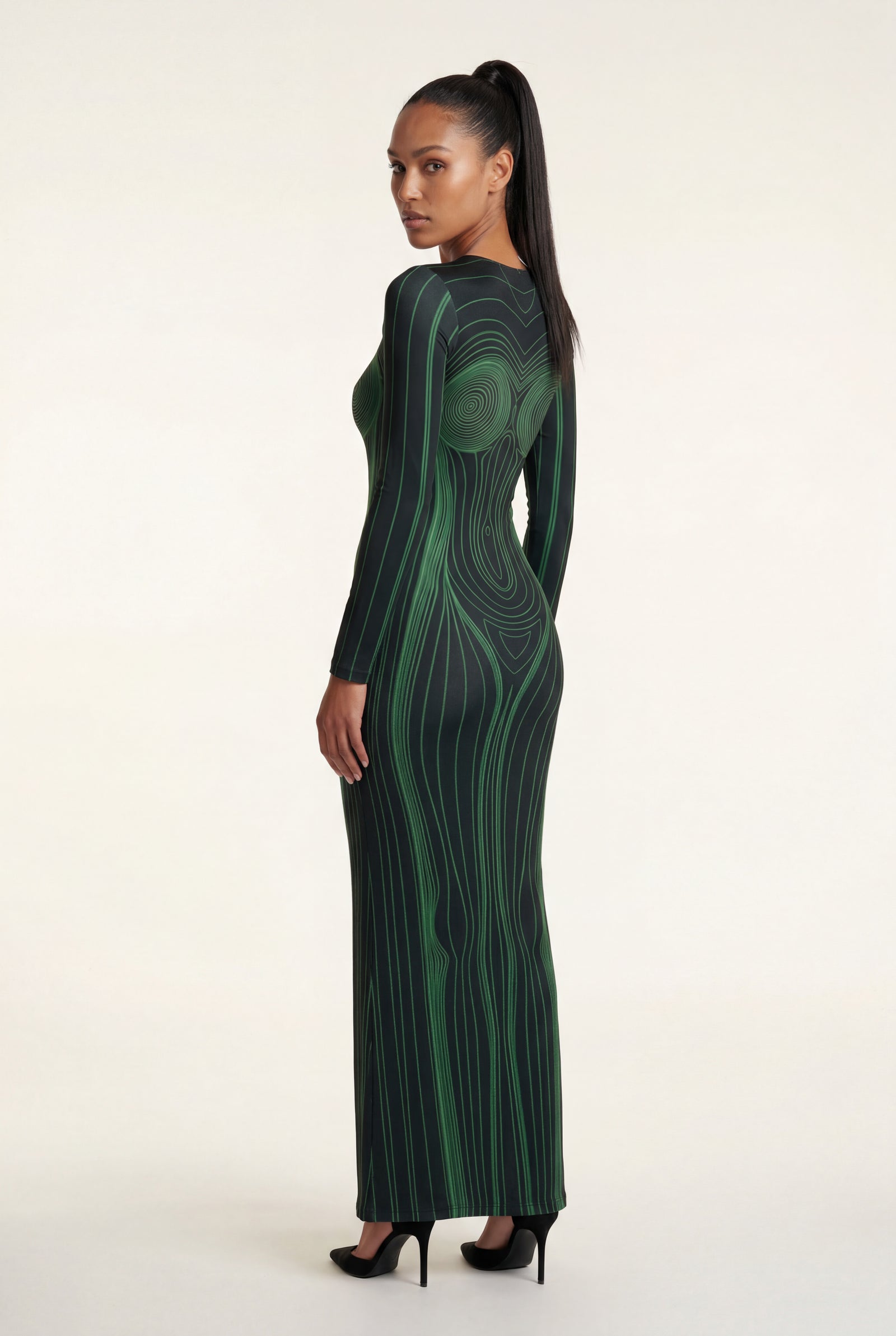 Green Illusion Contour Print Bodycon Maxi Dress - Photo 2