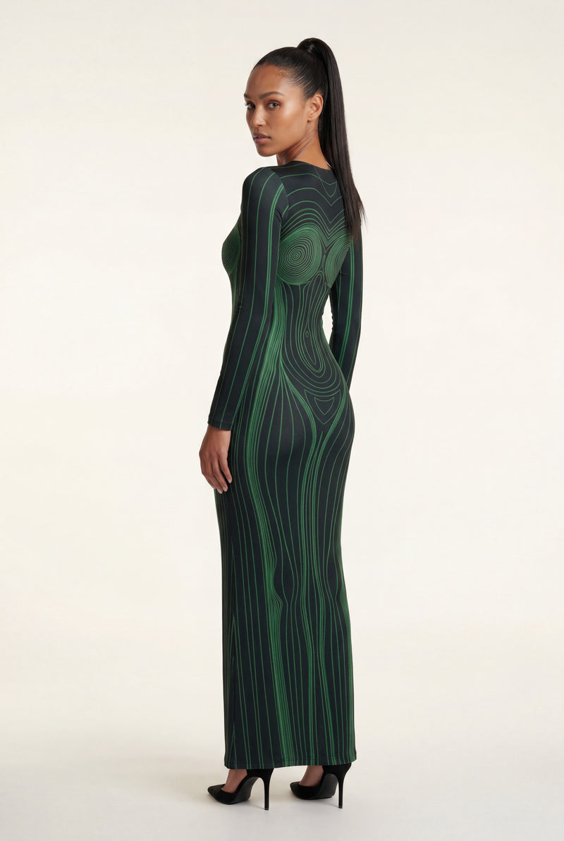 Green Illusion Contour Print Bodycon Maxi Dress - Photo 2