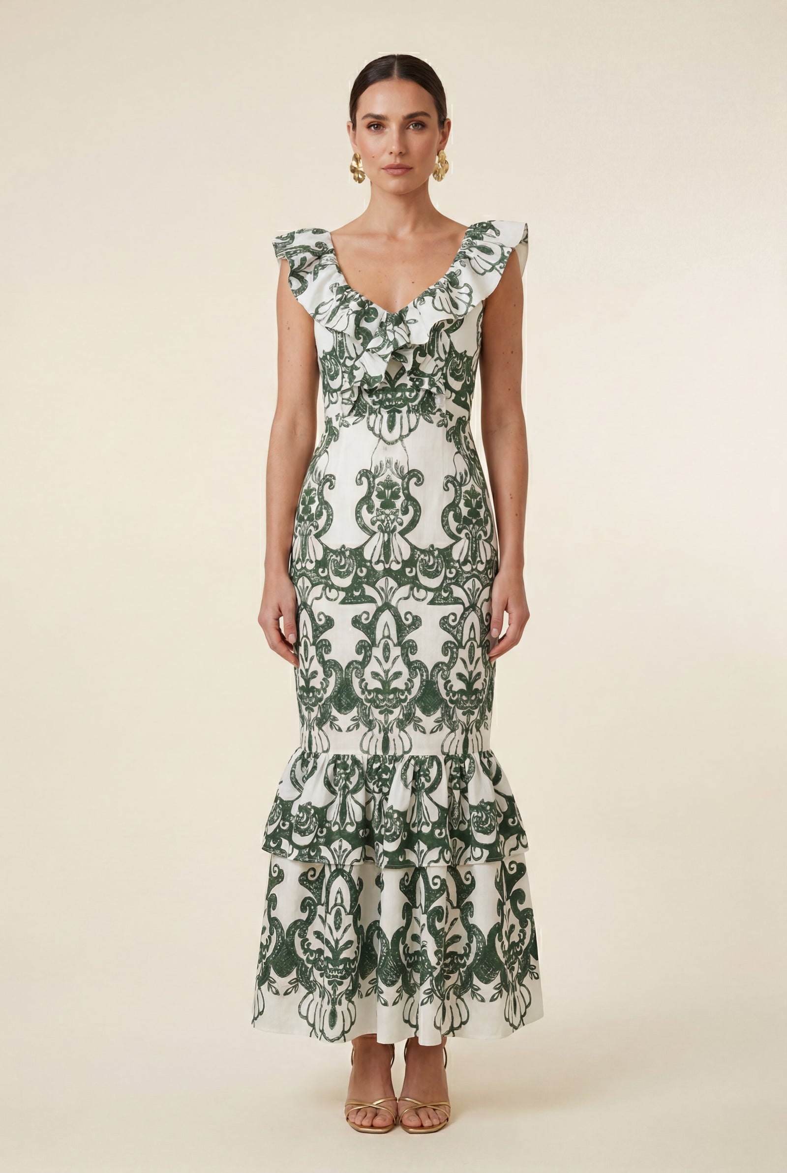 Green Ivory Green Embroidered Ruffle-trim Maxi Dress - Photo 1