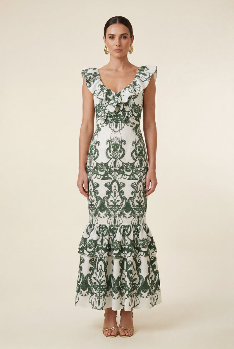 Green Ivory Green Embroidered Ruffle-trim Maxi Dress - Photo 1