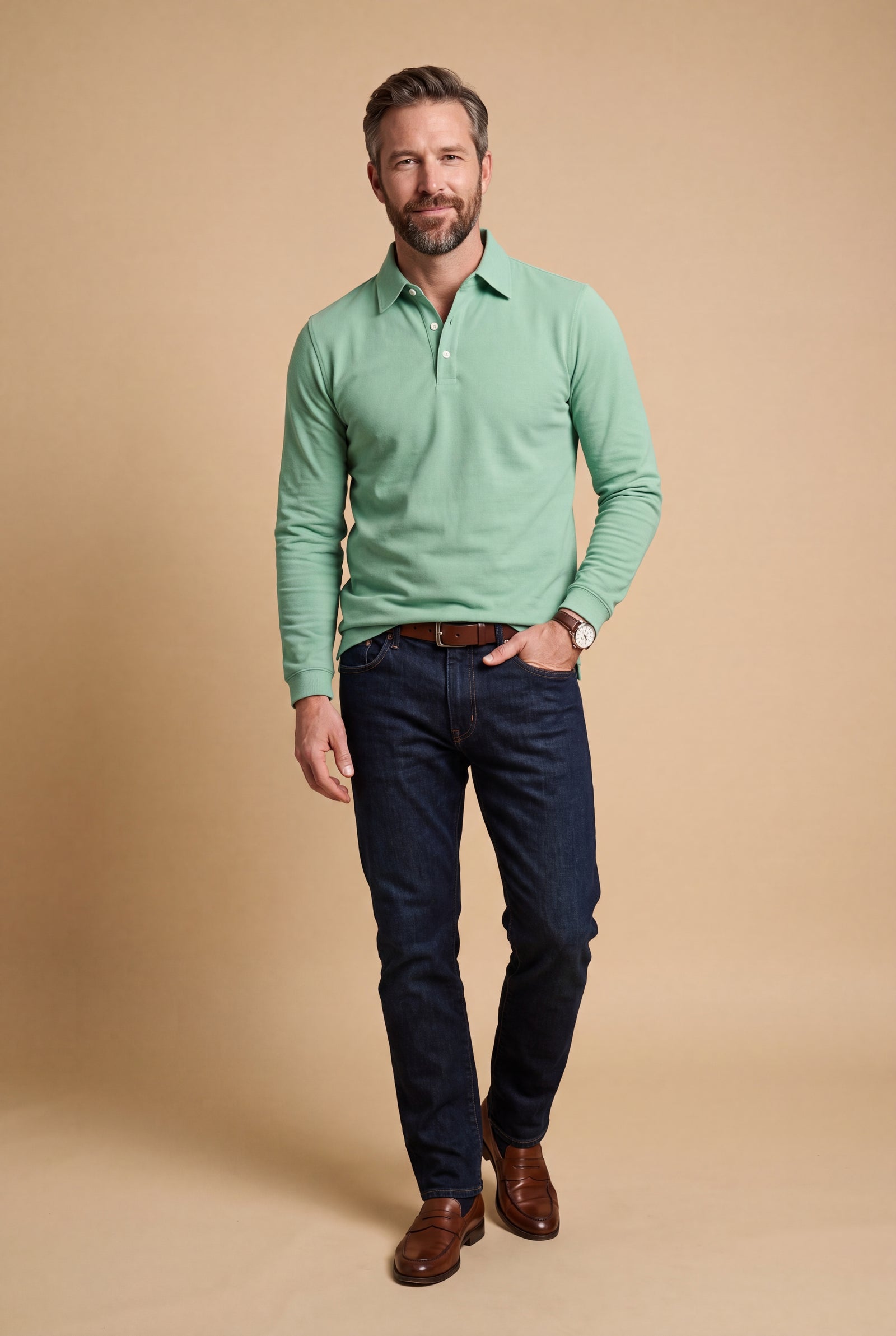 Men Polo Shirt Long Sleeve Slim Fit in Green — studio full body