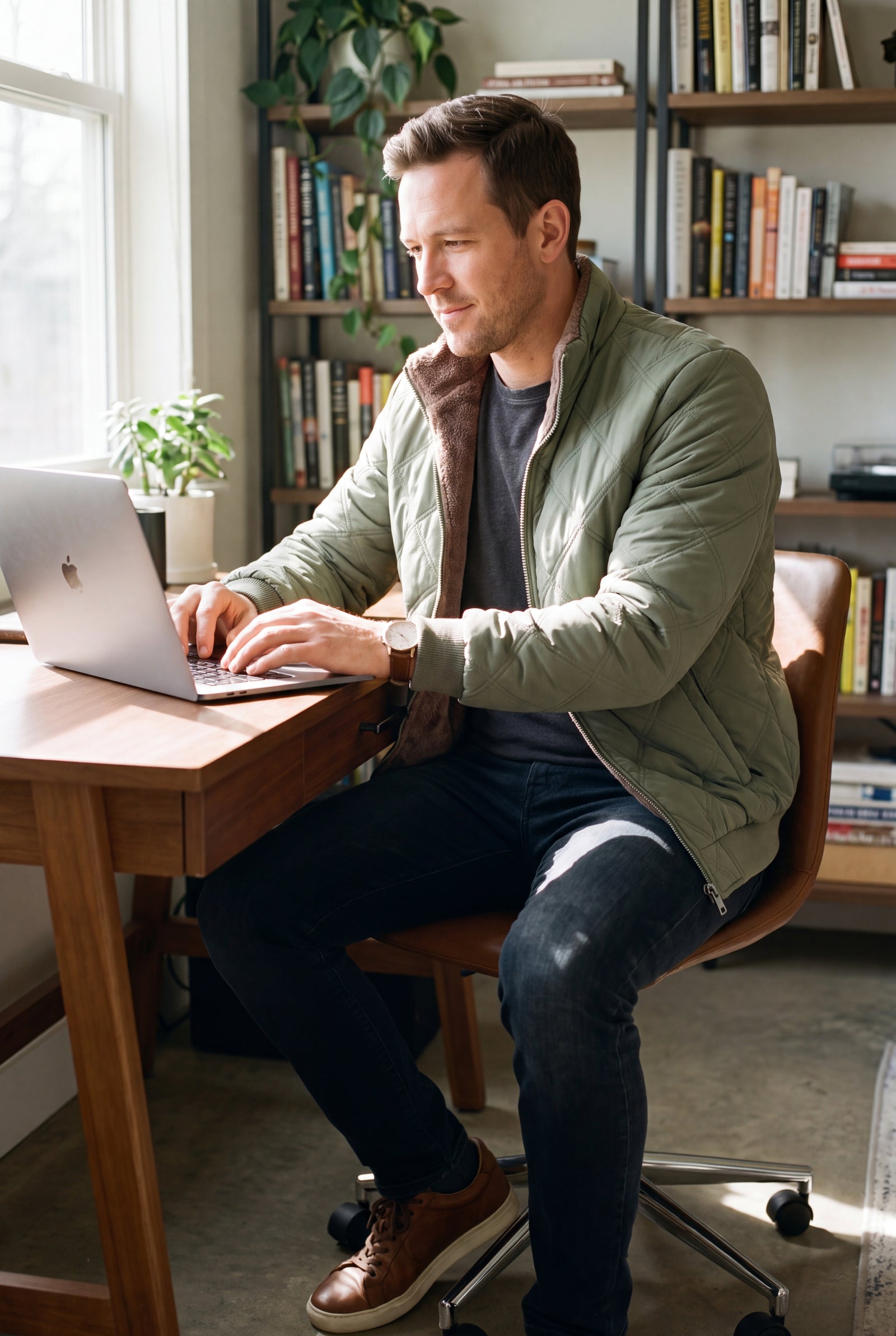 Men's Jacket Quilted Fleece-Lined in Green — lifestyle office