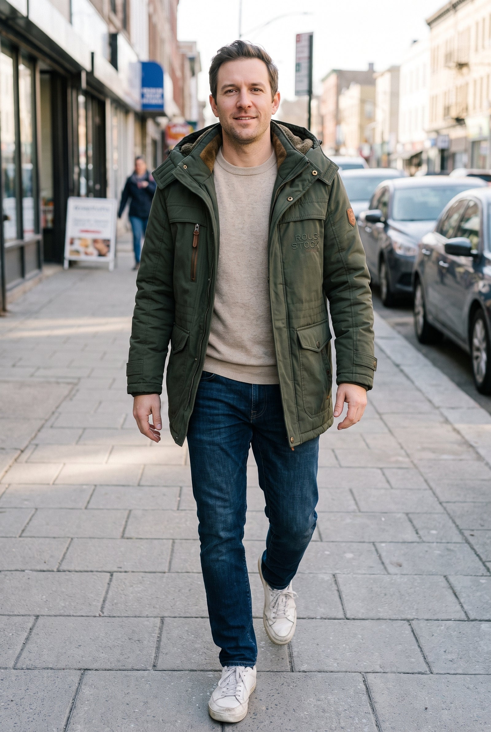 Men's Parka Thick Hooded in Green — lifestyle walking