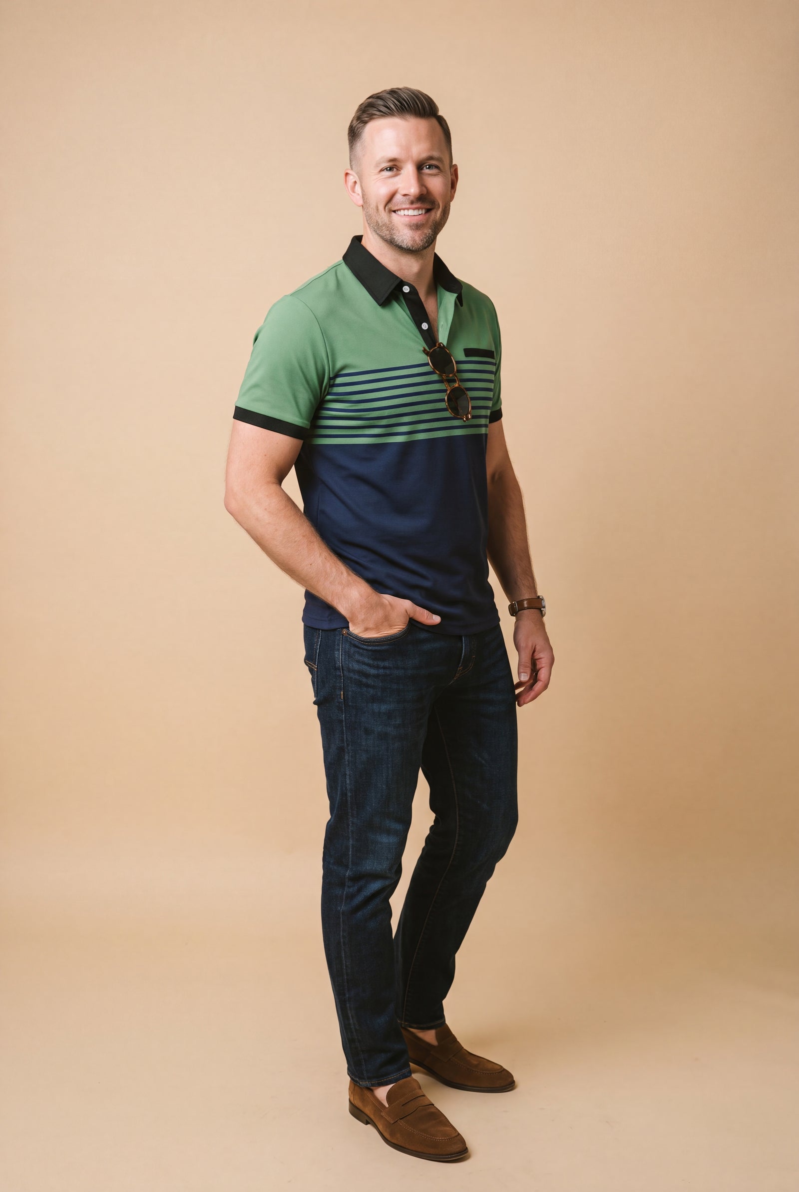 Men's Polo Shirt Striped Short Sleeve in Green — primary studio
