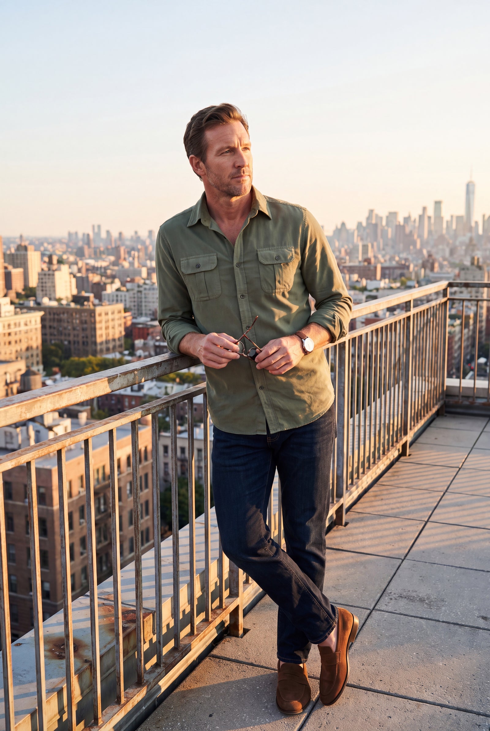 Men's Shirt Button Pockets Long Sleeve in Green — lifestyle urban rooftop