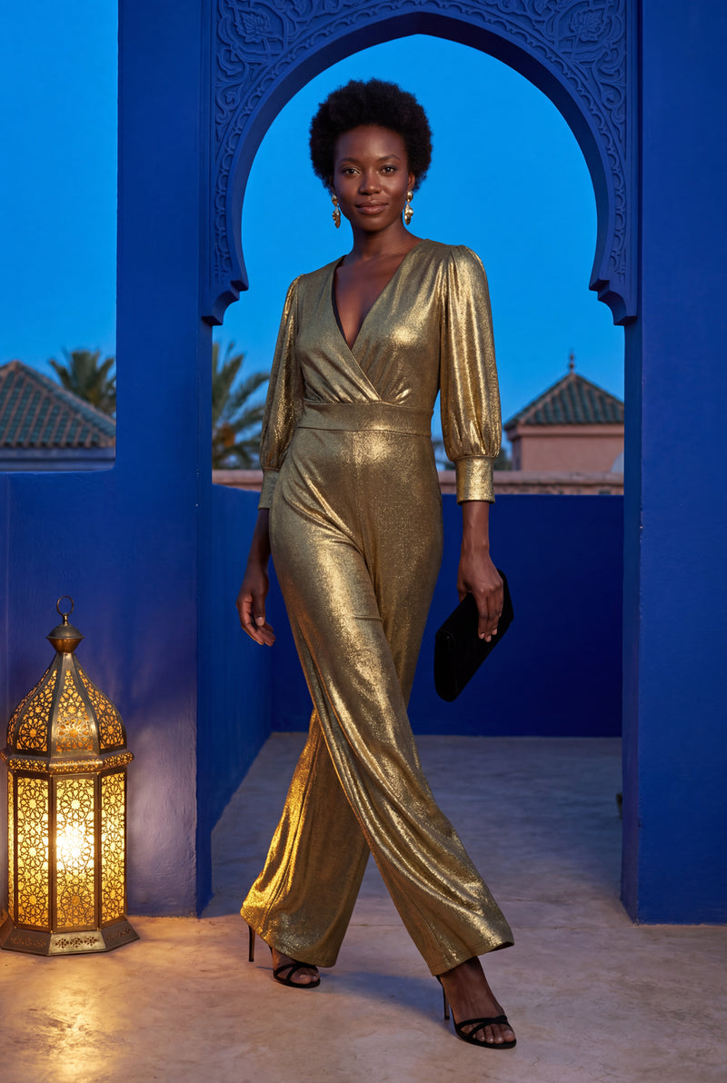 Gold Metallic Wide Leg Wrap Jumpsuit with Three-quarter Sleeves - Wide leg jumpsuit - Photo 4