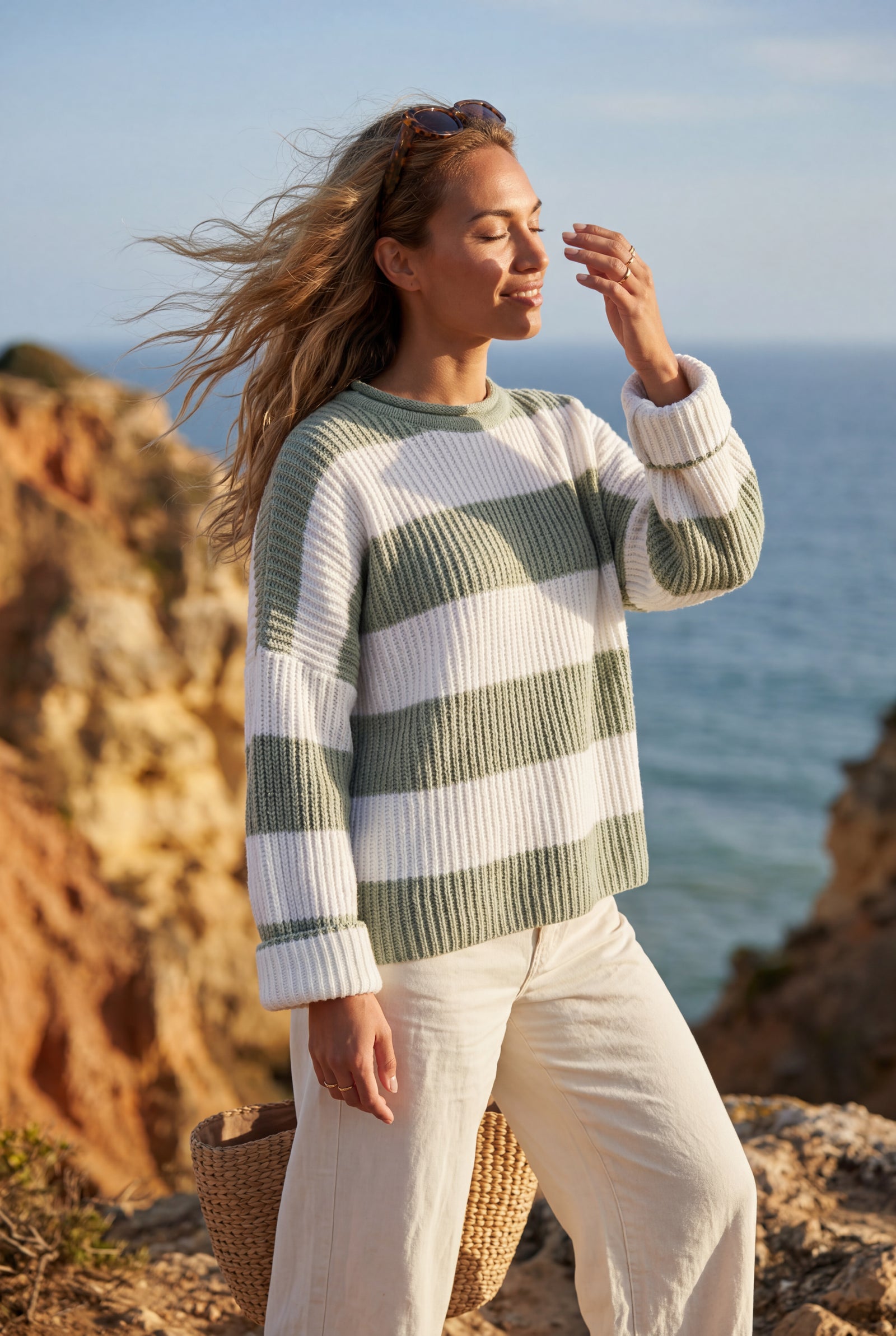Green Oversized Chunky Striped Crewneck Sweater - Knit sweaters - Photo 12
