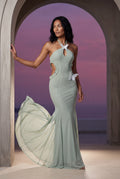 Green Pale Sage Green Mermaid Maxi Dress with Butterfly Applique - Mermaid dress - Photo 4