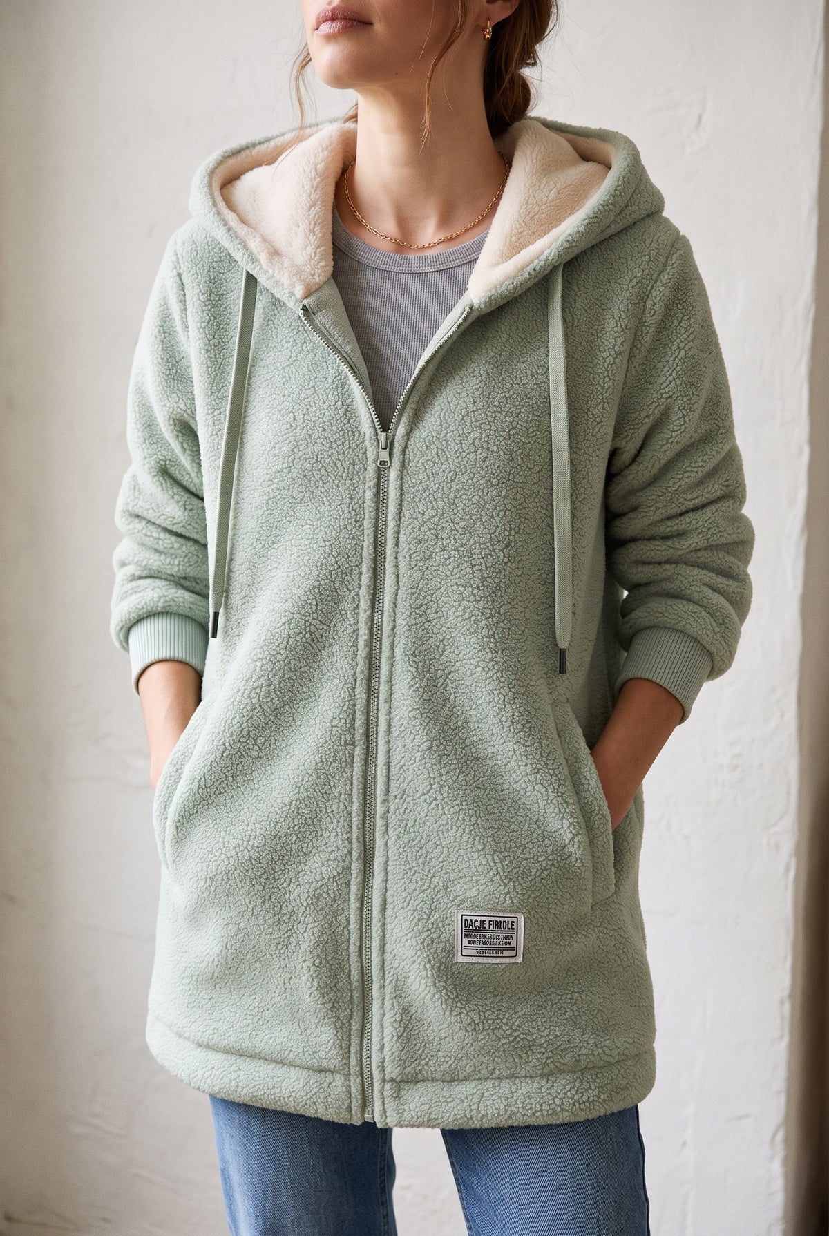 Plush Hooded Fleece Jacket in Green — studio front