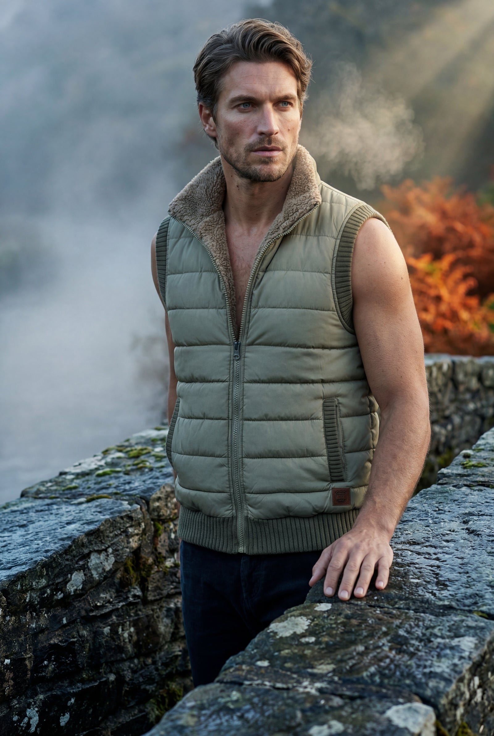 Khaki Quilted Puffer Vest with -lined Collar - Vests - Photo 11