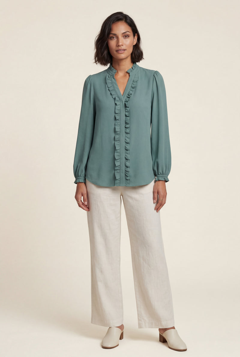 Green Ruffle Trim V-neck Long Sleeve Blouse - Blouses - Photo 1